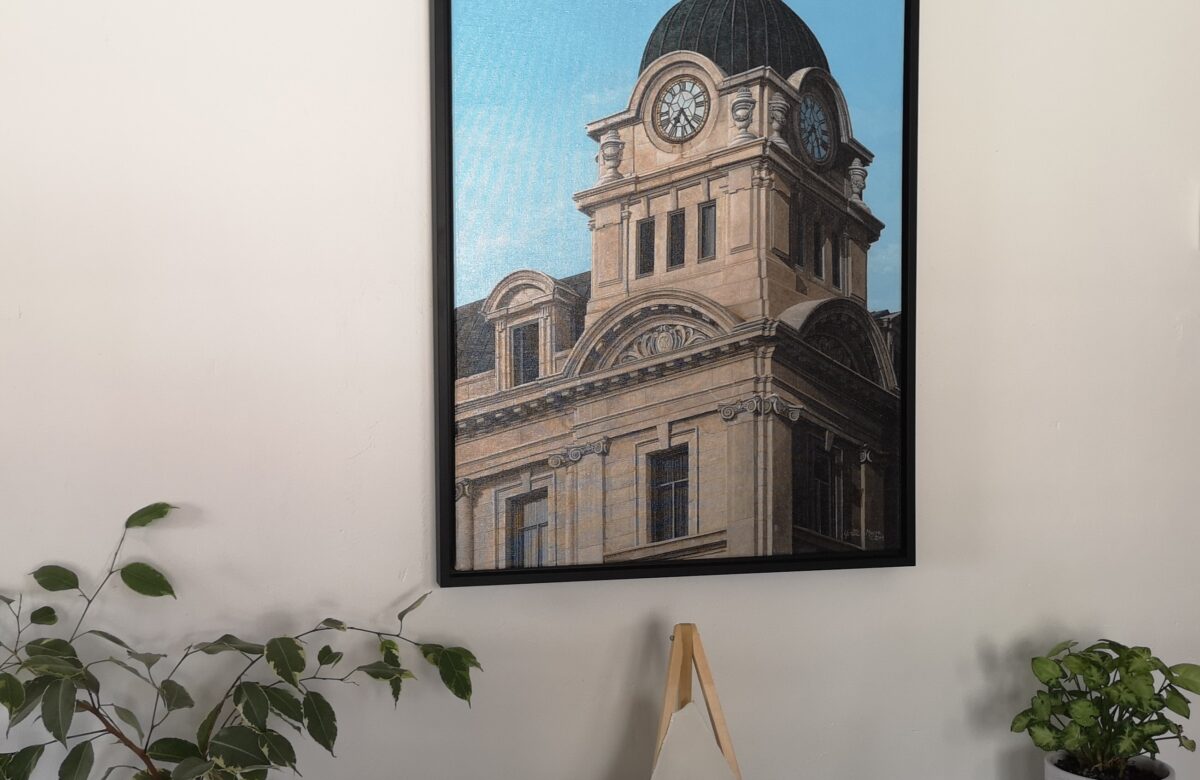 An original piece of City Hall glass preserved to complement Yvette Moore painting
